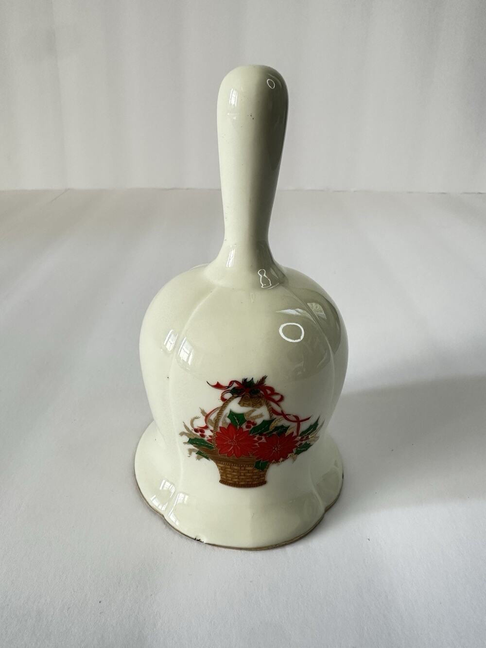 Vintage Christmas Ceramic Hand Bell Poinsettia Basket Gold Trim Taiwan ROC